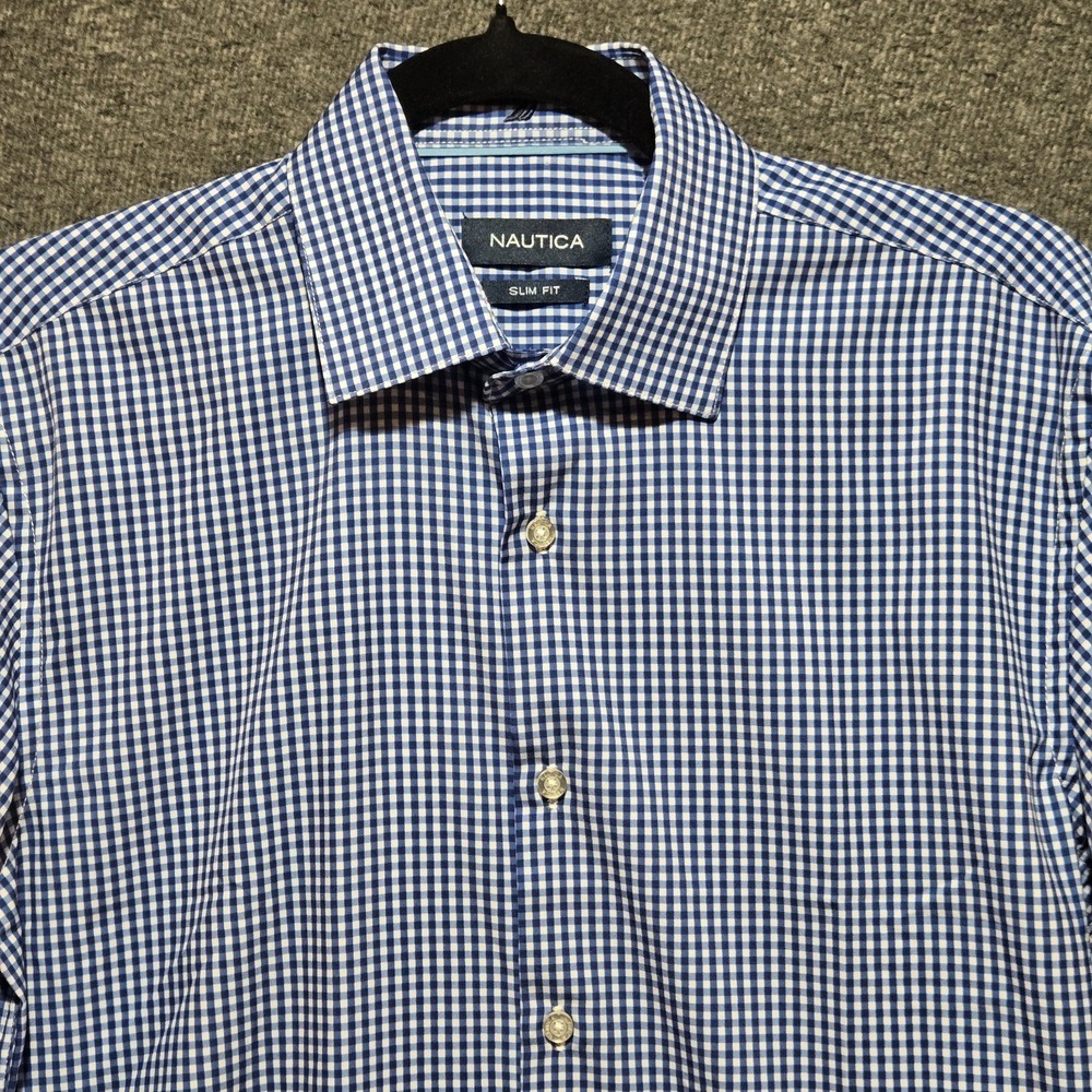 Nautica Mens Button Up Slim Fit Shirt Gingham Plaid Blue Sz Small NWT